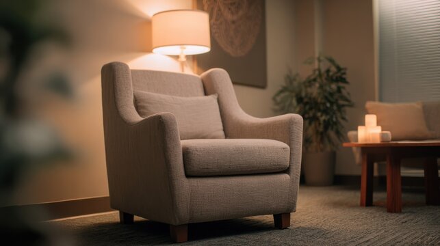 Medium shot of a calming therapy room with soft lighting and comfortable armchair focused blurred background with neutral tones creating a safe space for individual counseling.