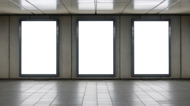 Three blank vertical digital billboards with bright white screens providing ample customizable space for advertising mockups in an underground station.