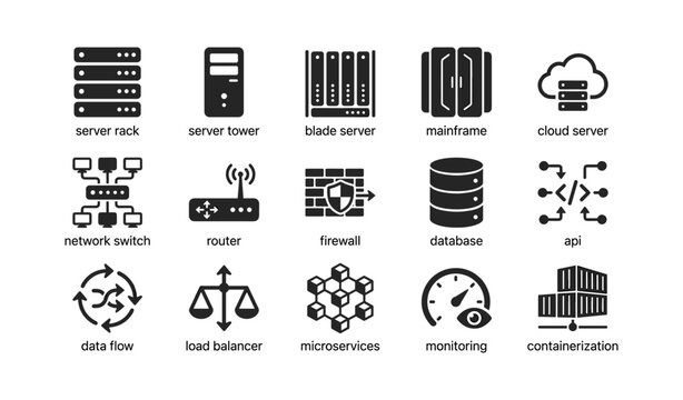 Set of data center and network infrastructure icons