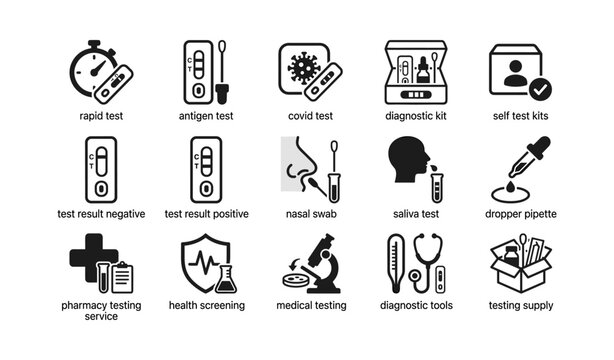 Covid testing icons: antigen, nasal swab, self-test kits, diagnosis tools, lab equipment