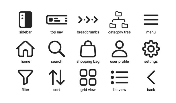 Set of black and white ui icons for navigation and user interface design