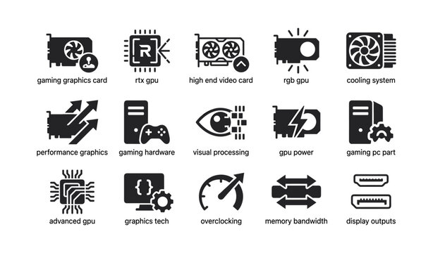 Gaming graphics card icons: performance, overclocking, cooling, and pc components
