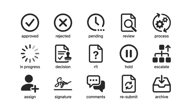Business workflow icons set for project management and decision making