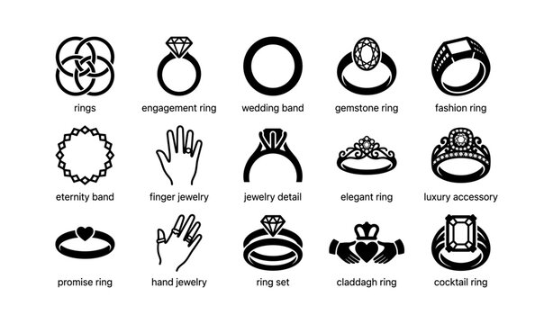 Black and white icons of diverse ring styles including engagement and wedding bands