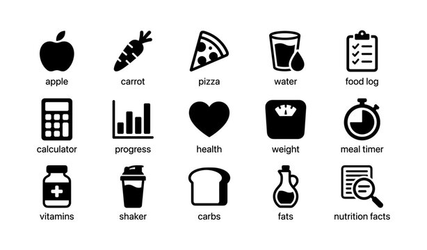 Health and nutrition icons including food, exercise, and measurement tools