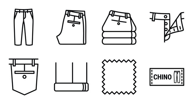 Chino pants manufacturing and tailoring icons including fabric swatches pockets and folding methods