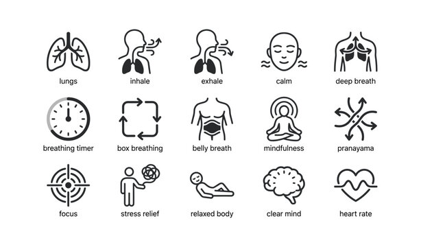 Breathing exercise icons featuring lungs, meditation, pranayama, and focus techniques