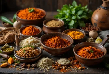 Assortment of spices and herbs in brown bowls on wooden table cooking ingredients © Creative Assets Hub 