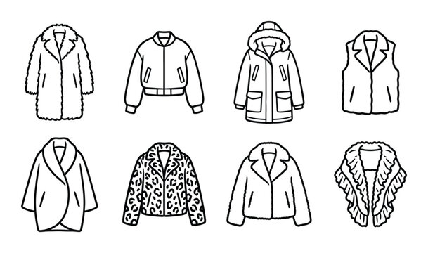 Collection of fashionable jackets and outerwear line art on transparent checkered background vector graphics