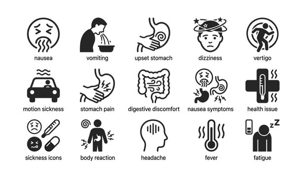 Symptoms icons: nausea, vomiting, stomach pain, dizziness, vertigo, fever