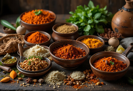 Assortment of spices and herbs in brown bowls on wooden table cooking ingredients