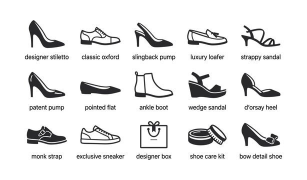 Collection of stylish shoe icons: stilettos, sandals, loafers, and more