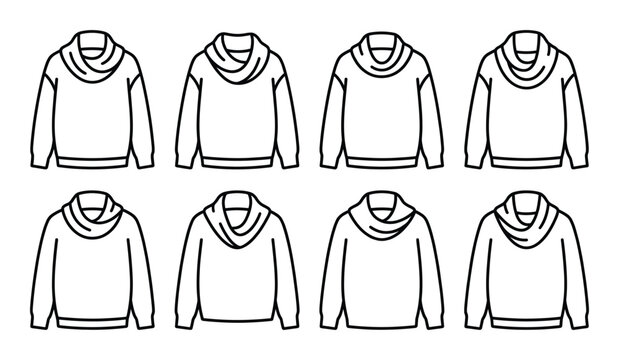 Cowl neck sweater line icons featuring cozy oversized knitwear pullovers with thick folded collars