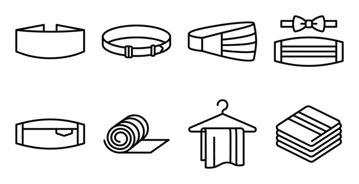 Collection of various men's fashion accessories. belts, cummerbund, clothes, vector outline illustration