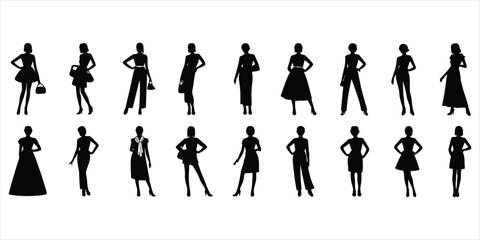 Fototapeta premium Fashionable Women Silhouettes in Dresses and Pantsuits woman female