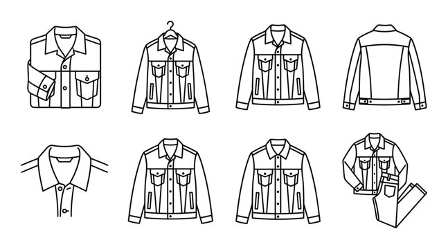 Denim jacket line icons set including folded hanging back front views and collar details with pants