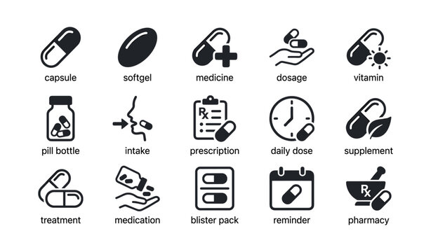 Medicine icons set: capsule, softgel, dosage, prescription, supplement