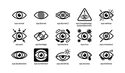 Fototapeta premium Eye icons set: normal, blurred, bacteria, virus, pain, sensitivity, dryness, tiredness