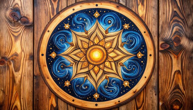 Hand-Painted Celestial Sun Mandala with Cosmic Swirls on a Rustic Wooden Wall