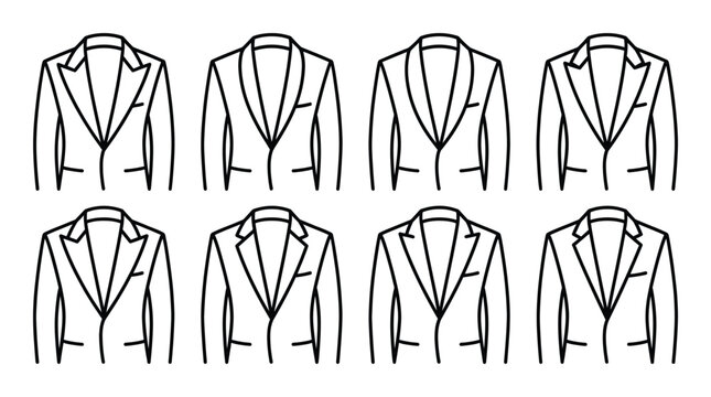 Eight different suit jackets or blazers, isolated on transparent background, line art