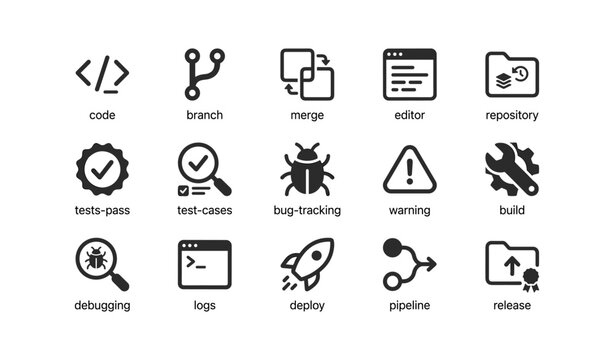 Software development icons: code, merge, debug, deploy, release