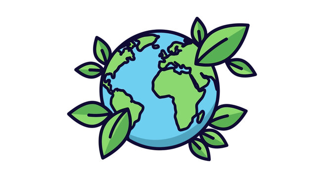 Earth Globe with Green Leaves Around.