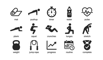 Fototapeta premium Fitness icons set: mat, pushup, timer, water, pulse, plank, squat, crunches, lunges