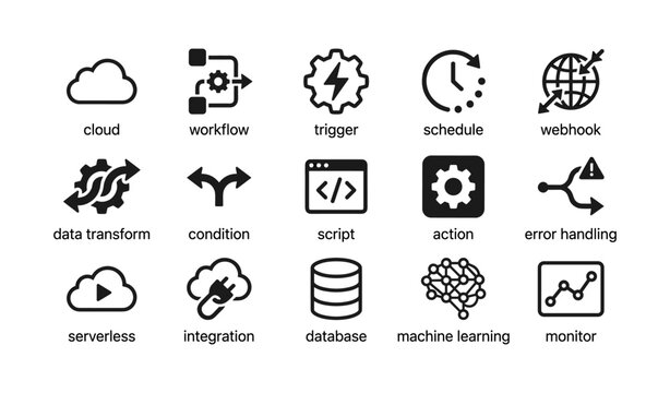 Minimalist black icons for cloud computing and workflow automation