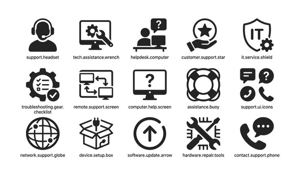 Tech support icons for customer assistance and troubleshooting