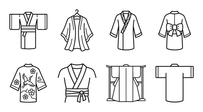 Japanese kimono line icons set showcasing traditional robes yukata and oriental clothing style designs