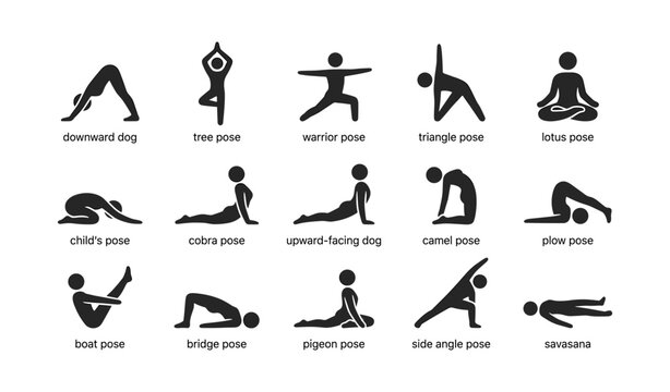 Illustrated yoga pose icons including downward dog and warrior pose