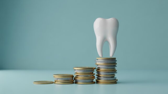 A pristine white tooth model sits atop a tall stack of coins, symbolizing the substantial financial cost of comprehensive dental care.