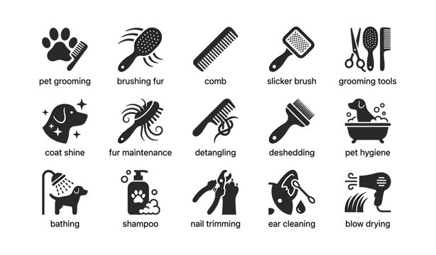 Pet grooming icons: brushes, combs, scissors, shampoo, hygiene tools, dog care