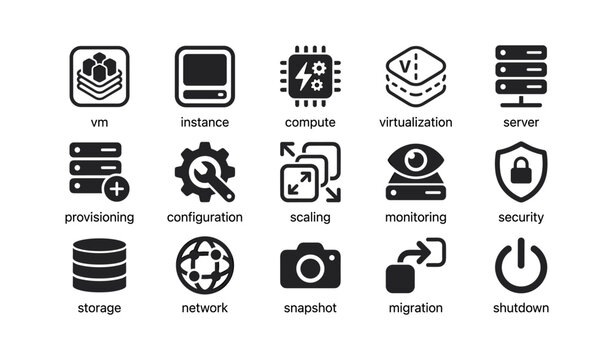 Cloud computing icons: virtualization, security, storage, monitoring, configuration