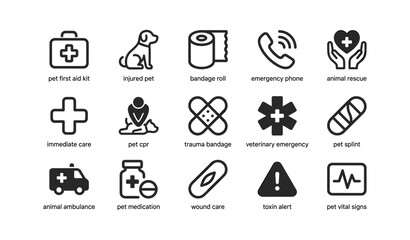 Fototapeta premium Pet emergency icons: first aid, cpr, animal rescue, veterinary care symbols