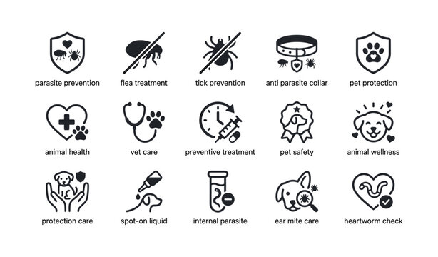 Pet health and protection icons for parasite prevention and animal wellness