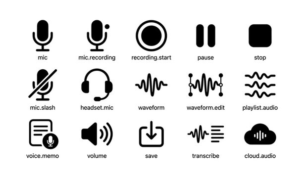 Audio control and editing icons: microphone, waveform, headset, cloud