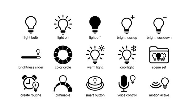 Smart light control icons for home automation with voice and motion features