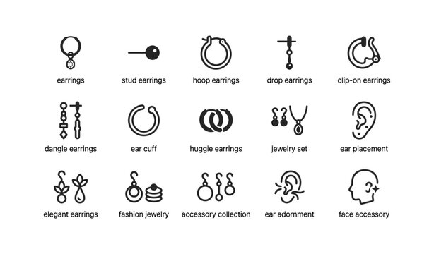 Variety of earring styles: stud, hoop, dangle, clip-on, ear cuff, huggie, jewelry set