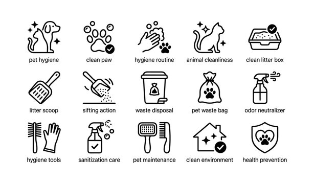 Pet hygiene icons: cleanliness routine for dogs and cats with litter box and waste management