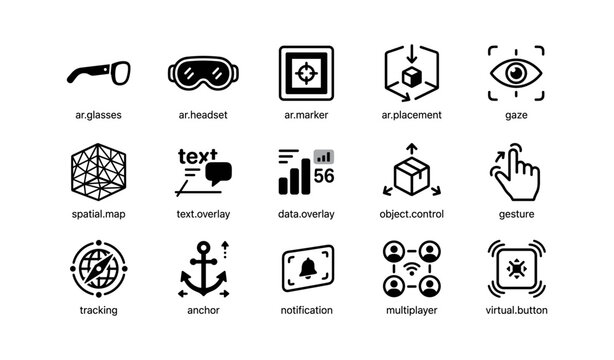 Augmented reality icons set featuring glasses, headset, and interactive controls