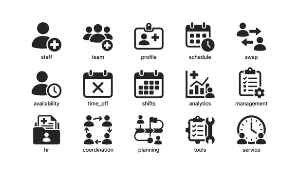 Office icons set: staff, schedule, tools, analytics, management