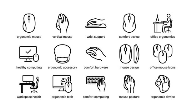 Ergonomic mouse icons set for office comfort and workspace health