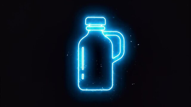 Blue Neon Bottle Icon Glowing on Black Background with Particles.
