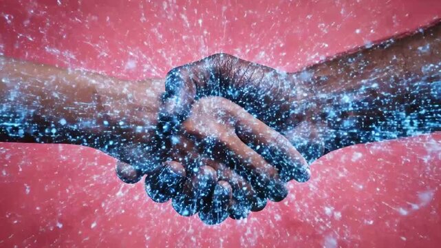 Diverse hands shaking with electric connection.