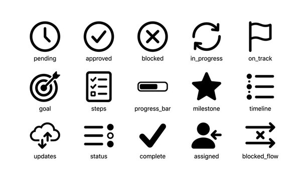 Project management icons: checklist, progress bar, timeline, status, updates