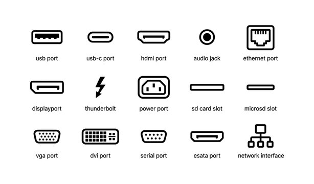 Various computer port and connector icons set