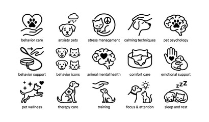 Fototapeta premium Pet care icons: behavior, anxiety, therapy, wellness, comfort