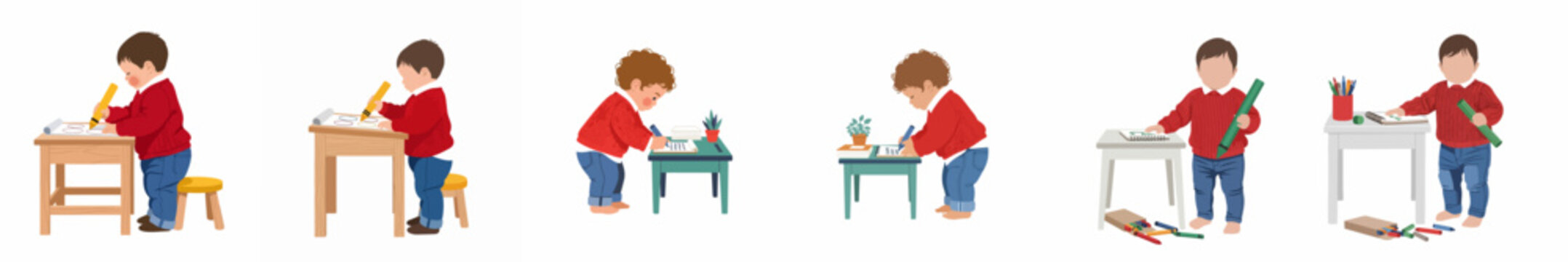 Set of illustrations depicting toddlers engaged in drawing and writing activities at small desks, featuring boys in red sweaters and blue jeans.