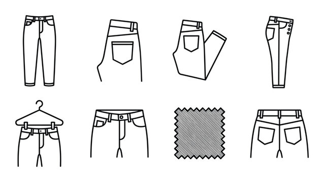 Set of jeans and clothing icons, linear style, black outline isolated on transparent background